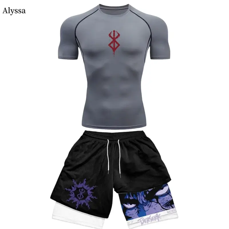 Conjunto de compresión de Anime Berserk para hombre, traje de Fitness, camisa de compresión de secado rápido, pantalones cortos de gimnasio, correr, entrenamiento, ropa deportiva de verano