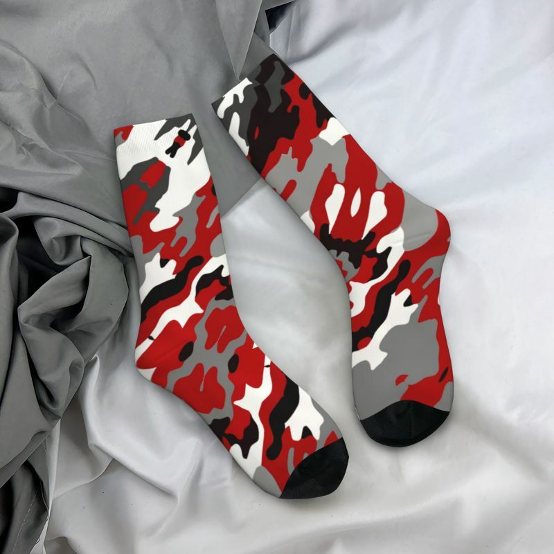 Fun Printed Red Camo Socks for Men Women Stretch Summer Autumn Winter Army Military Camouflage Crew Socks