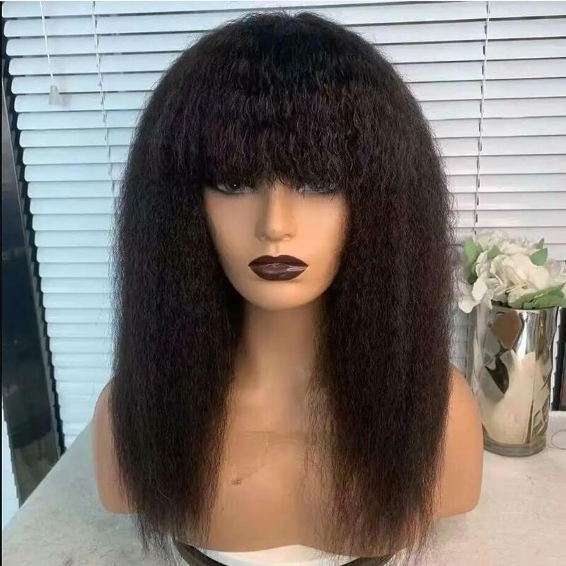 Yaki-Long Kinky peruca reta com franja para as mulheres, peruca máquina preta natural, cabelo do bebê, preplucked, glueless, diariamente, 26 ", 180Density