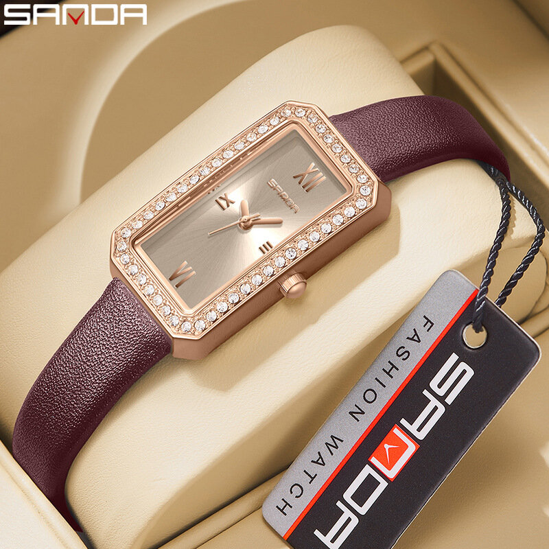 Sanda 탑 브랜드 트렌디 디자인 직사각형 다이얼, 방수 쿼츠 무브먼트, 비즈니스 여성 아날로그 손목 시계, 핫 세일
