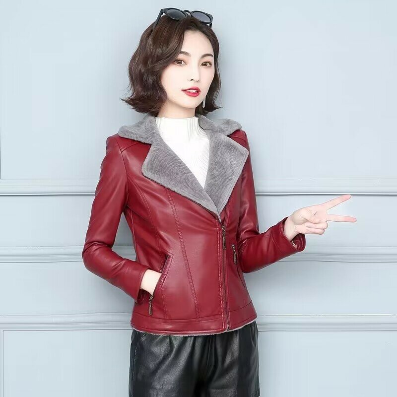여성 플리스 숏 가죽 코트, 한국 스타일 슬림핏 따뜻한 가죽 재킷, 단색 캐주얼 아우터, 패션, 2023 겨울 신상