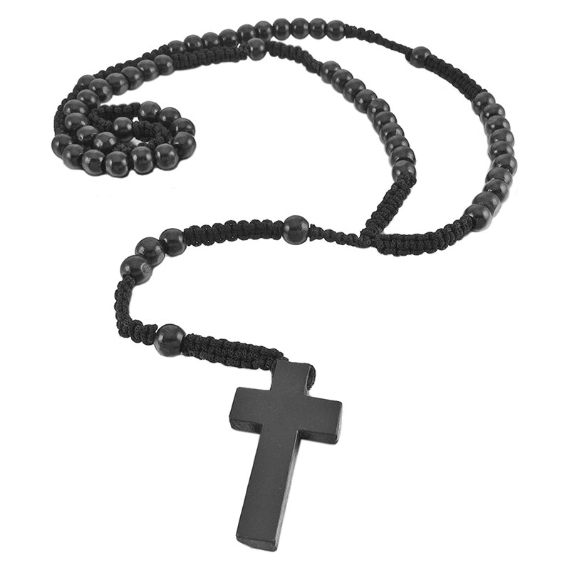 Wooden Pendant Pendant Necklace Black Cross Beads Retro 24 Inches Rosary Chain Chain Man, Woman