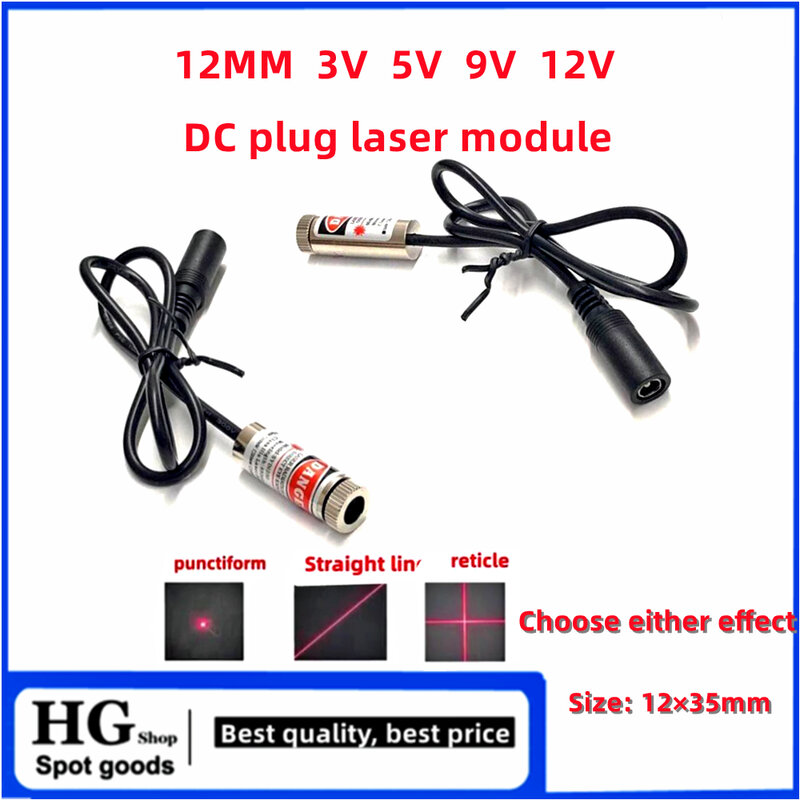 Modulo laser con spina cc da 12mm DC 3V 5V 9V 12V raggio laser 5mW 650nm luce di posizionamento laser a forma di punto rosso a forma di croce