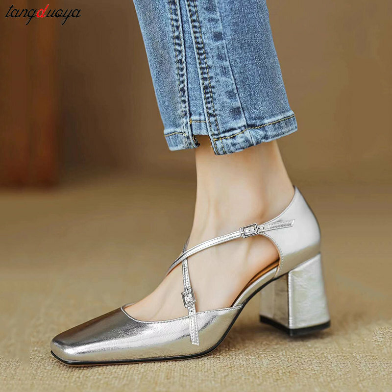 Women Pumps French Style Mary Jane Shoes Patent Leather Buckle Straps Sandals Women Fashion Elegant Wedding Party High Heels