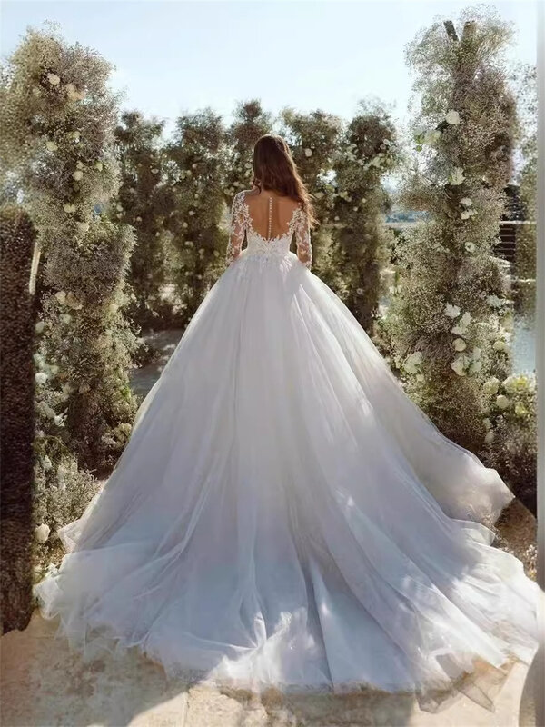 Elegancka suknia ślubna z długim rękawem Romantyczna koronkowa suknia ślubna z aplikacjami Klasyczna tiulowa suknia ślubna Vestidos De Novia