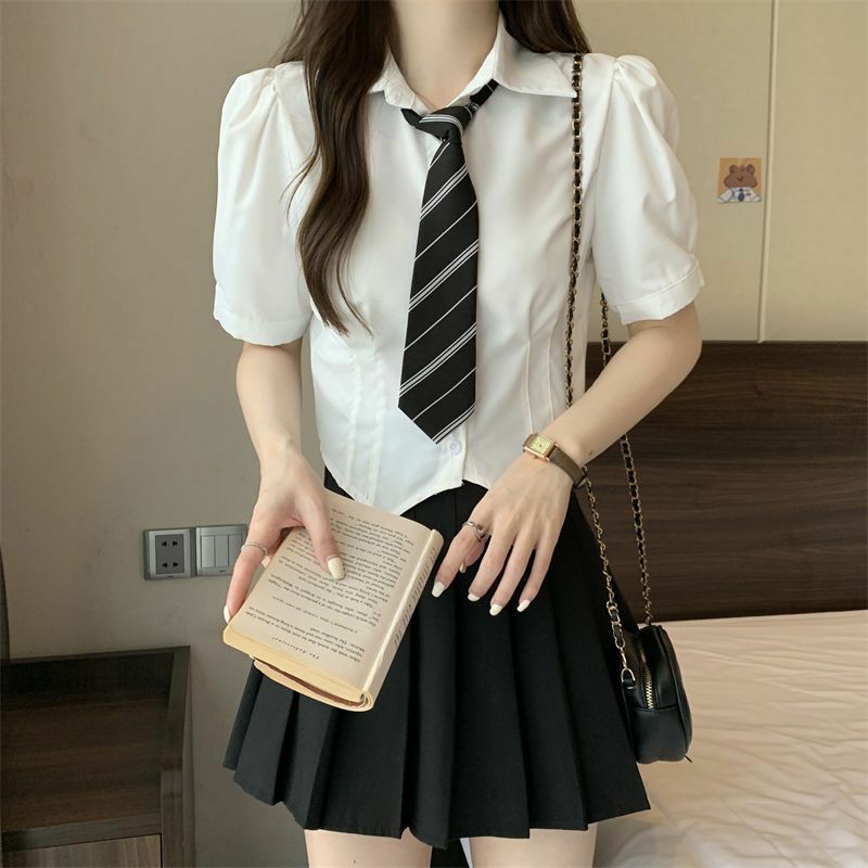 Japanese Style Korean Uniform  Spicy Girl Versatile Short Tie Shirt Women's Black Pleated Half Skirt Set School Girl Uniform Set