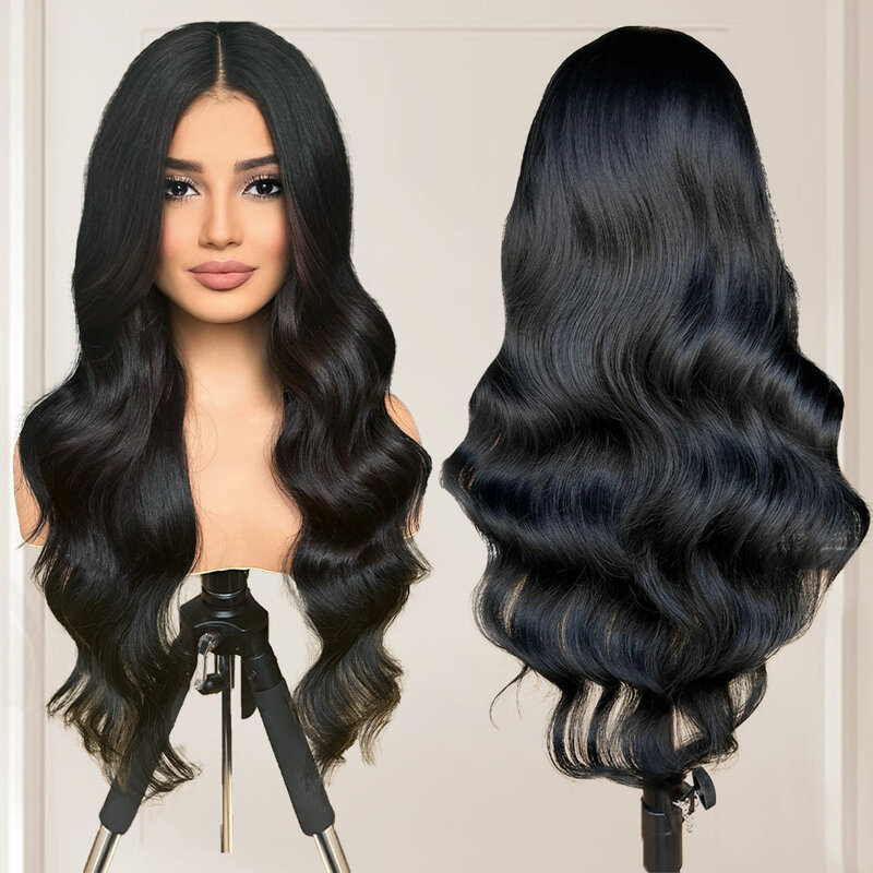 Peluca negra ondulada larga para mujer, 26 pulgadas, parte media, peluca ondulada rizada, peluca de fibra sintética de aspecto Natural para uso diario en fiestas