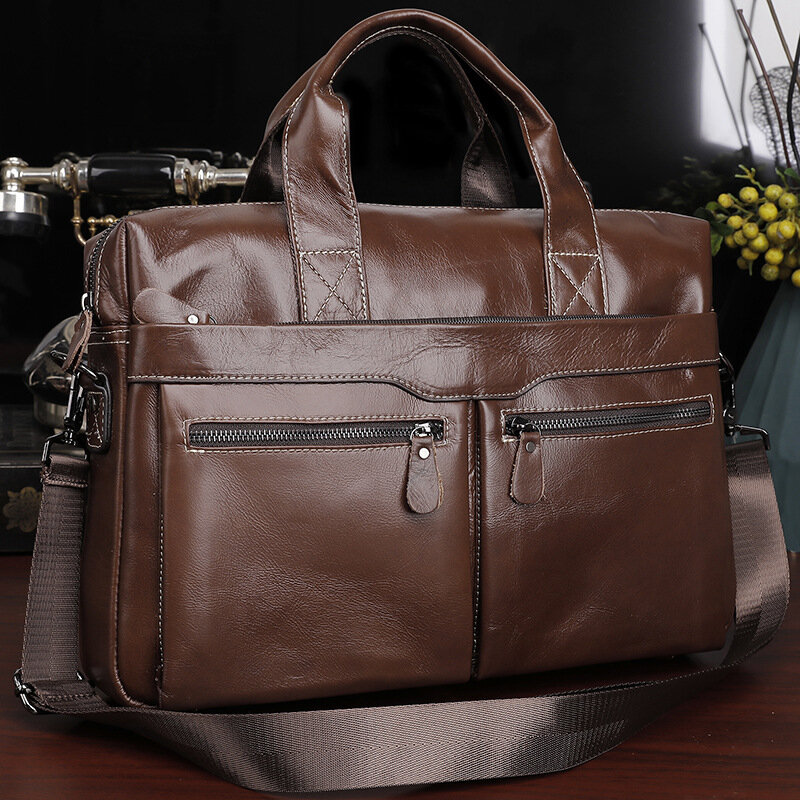 男性用の本革ビジネスブリーフケース,カジュアルなショルダーバッグ,ハンドル付きオフィスバッグ,14インチのラップトップバッグ
