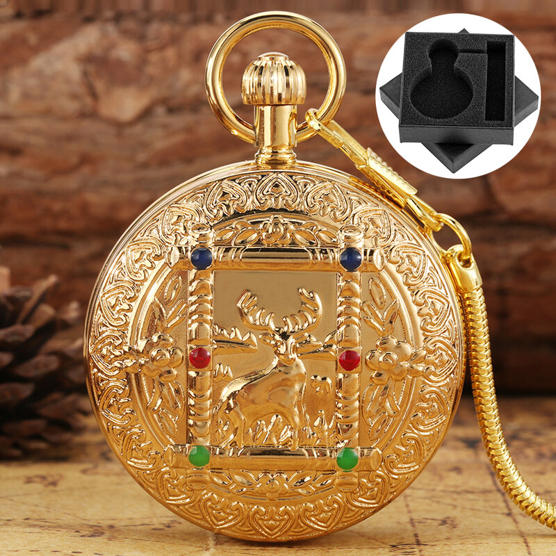 Luksusowy złota miedź rzeźba Relief łoś automatyczny mechaniczny męski zegarek kieszonkowy typu wąż łańcuszek kieszonkowy z otwieranym wieczkiem z podwójnymi bokami