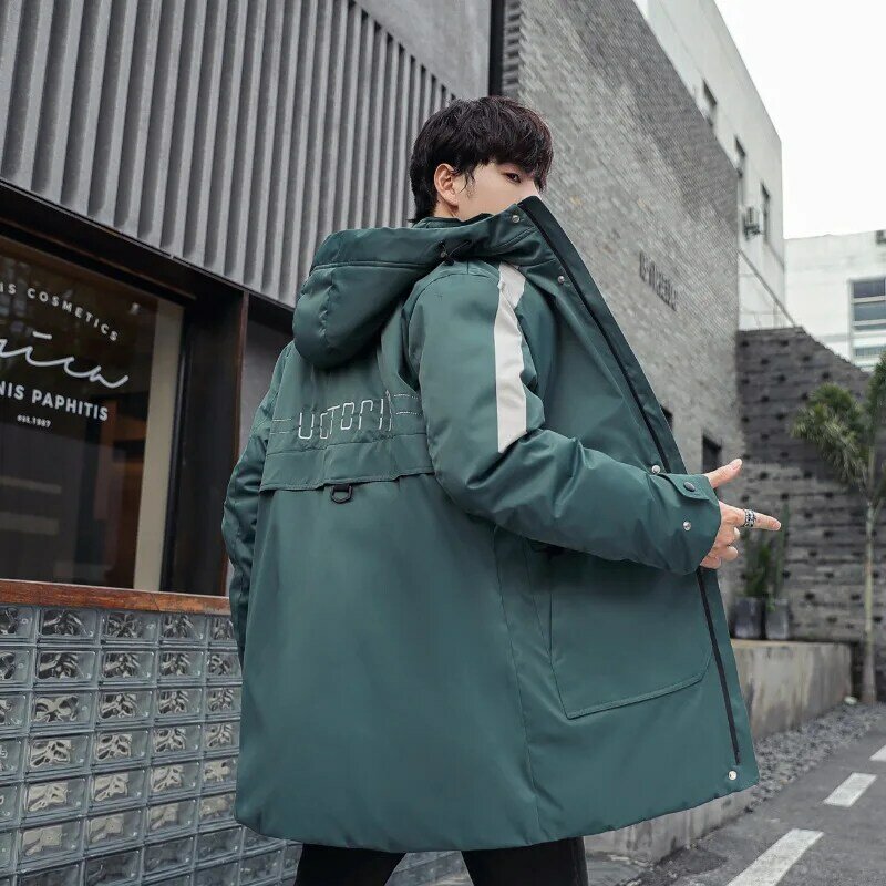 2023 New Korean Style Men's Down Jacket Mid-Length Slim Fit Hooded Trendy Brand Thickened Warm Winter Cotton Padded Jackets Coat
