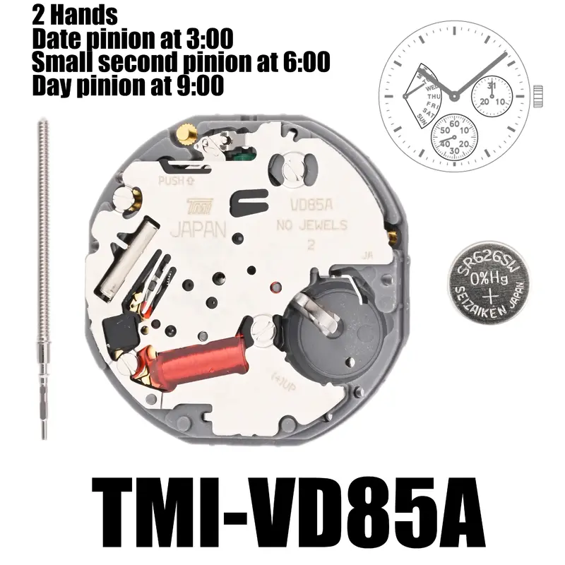 Movimiento multiojo VD85 Tmi VD85, dispositivo con 2 manos (día, fecha, 24 horas, sección pequeña), tamaño: 10 ½, altura: 3,45mm