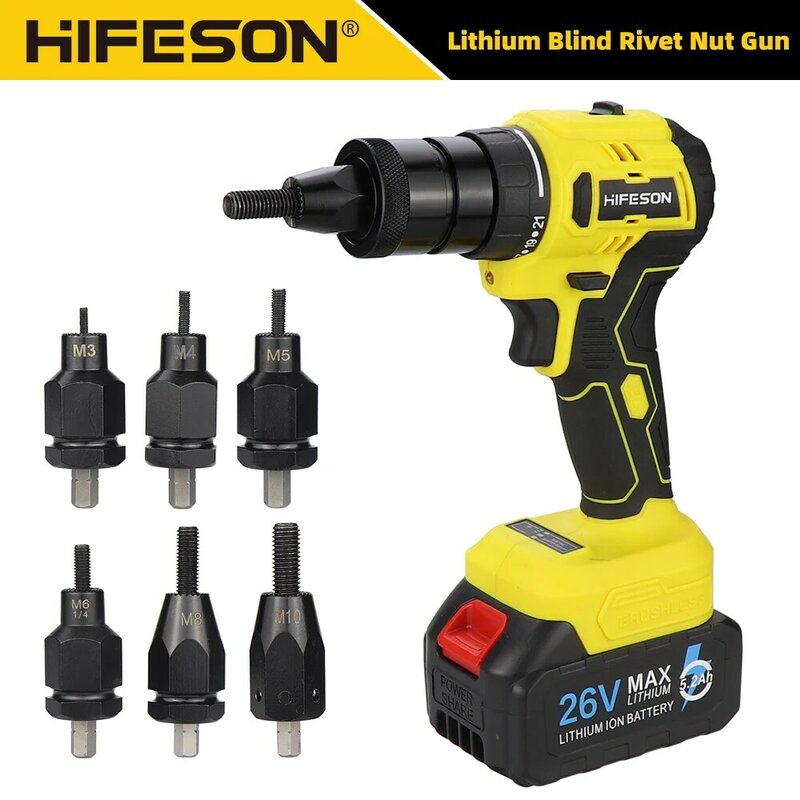 HIFESON-Electric Rivet Nut Gun, extrator automático de porca, Brushless Self Lock Rivet Tool para M3M4M5M6M8M10 Makita Battery, 26V