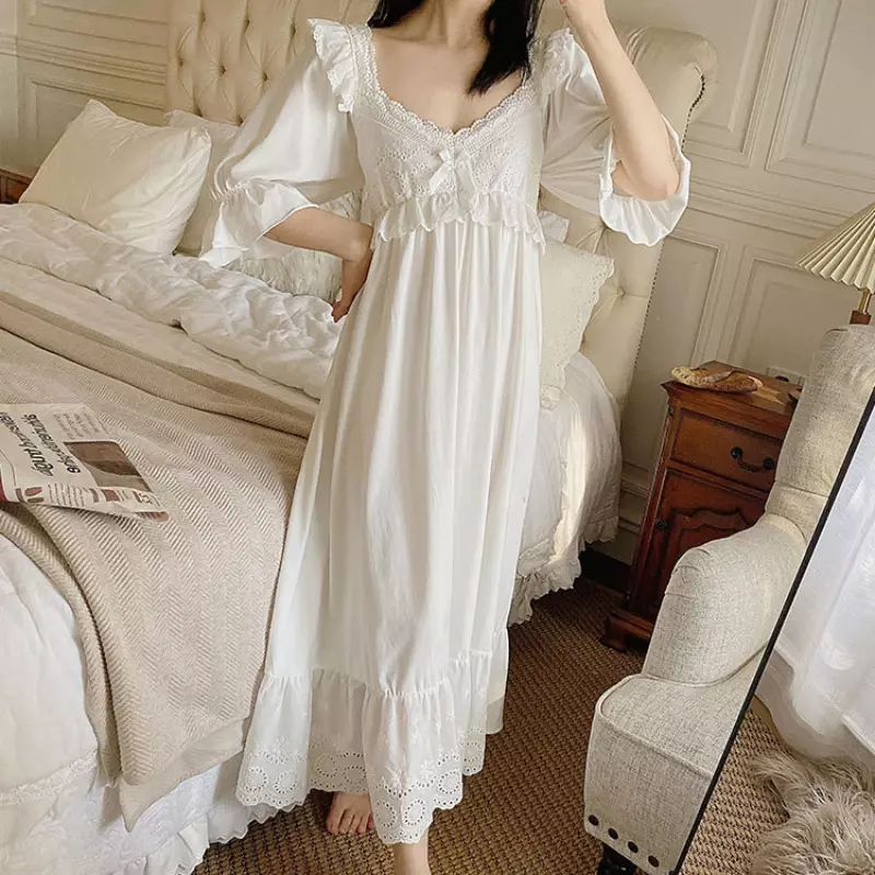 Gaun malam katun Victorian gaun malam wanita putih seksi lengan pendek jubah panjang Peignoir gaun malam antik pakaian tidur putri pakaian Kamar
