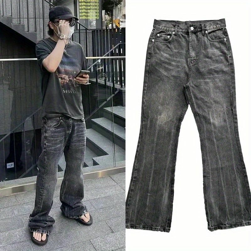 Calça jeans masculina com furos, casual, lavando, angustiada, preta e cinza, rua alta, moda de rua, limpando levemente o chão, primavera