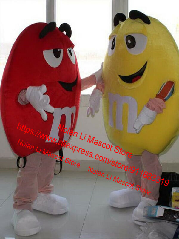 คุณภาพสูงสีแดงและสีเหลืองช็อกโกแลต M Bean Mascot เครื่องแต่งกายลูกอมการ์ตูนอะนิเมะคอสเพลย์ Masquerade เ...