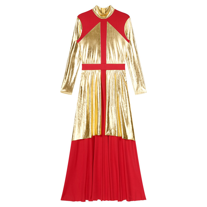 Womens Liturgical Dancewear Lyrical Praise Dance Dress Round Neck Sleeveless Church Worship Long Sleeve Maxi Performance Dress