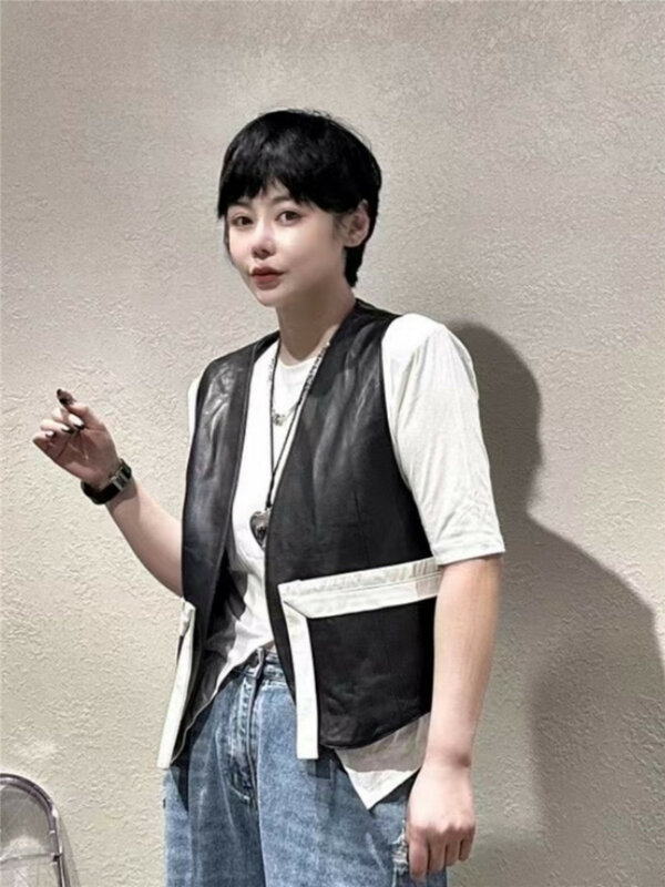 Echt Lederen Contrastkleurige Vest Voor Dames Koreaanse Mouwloze Jas Van Schapenvacht In Leren Stijl Y4210