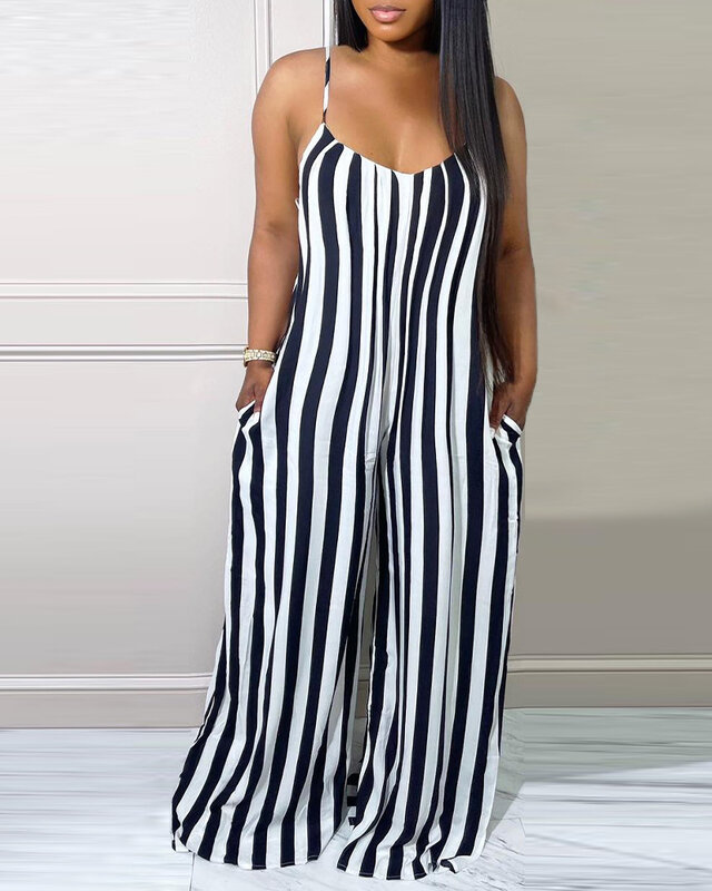 Striped Print Spaghetti Strap Wide Leg Jumpsuit Women Sleeveless Spring Summer High Waist Loose Overall Pants Jumpsuits