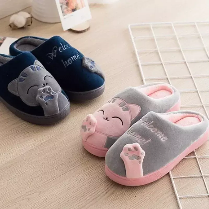 Women Winter Warm Slippers Cartoon Cat Shoes Furry Plush Slides Round Toe Flats Indoor Home Bedroom Floor Slippers Ladies Shoe