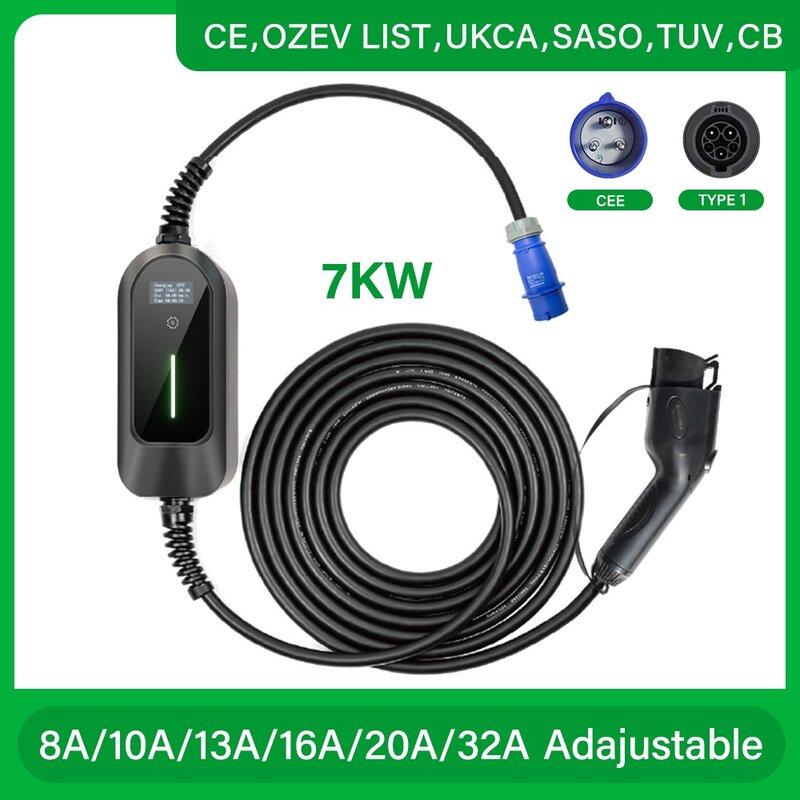 Wallbox EVSE pengisi daya listrik tipe 1, kendaraan listrik 32A 7KW dengan aplikasi kabel TPU pengisi daya portabel IEC 61851/62196