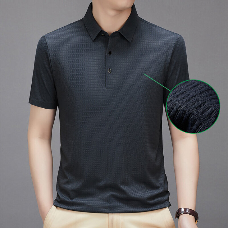 Men Solid Color Business Casual Short Sleeve Polo Shirt, Stretch Slim Fit Equestrian Polo Shirt, Breathable,Men Durable T-Shirt
