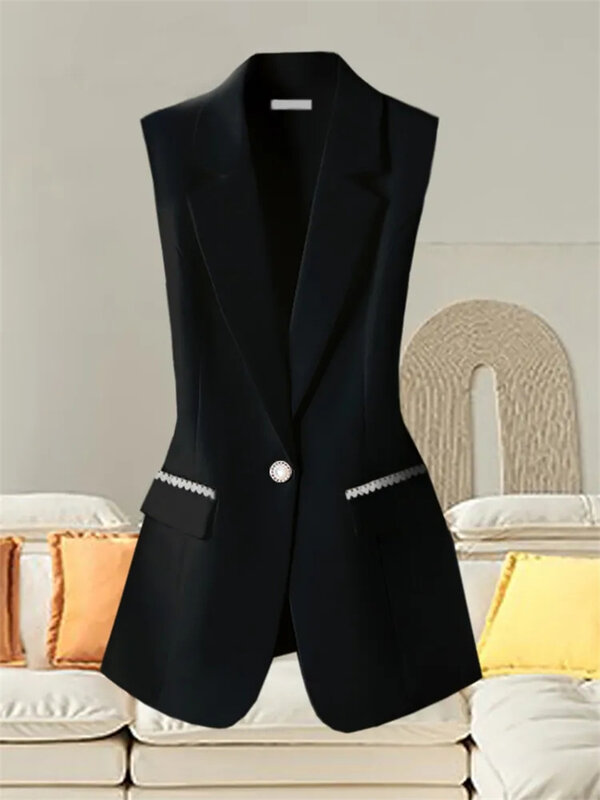 2024 New Women Sleeveless Jacket Coat Long Vest Blazer Formal Work Ladies Office Vintage Slim Suit Waistcoat Female Oversize
