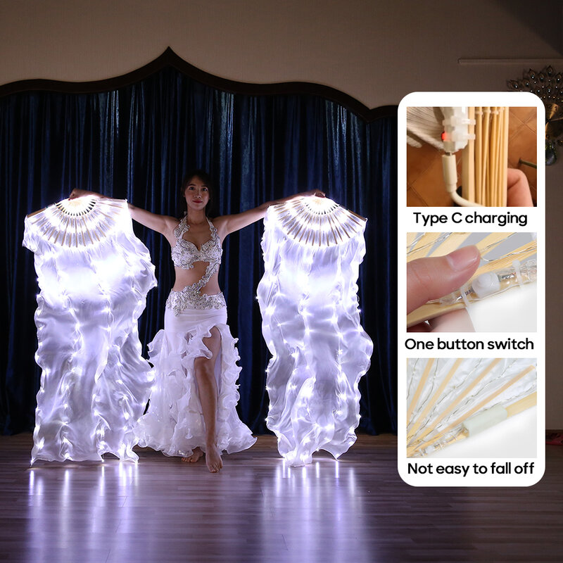 Elétrica LED Fan Veil para a Dança do Ventre, Real Silk Acessórios, branco, Adulto Performance Stage, Carnaval Prática Pessoal