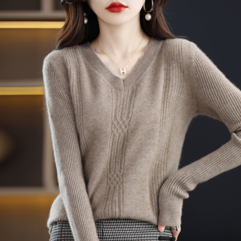 Neuer Herbst-und Winter-Jacquard pullover mit V-Ausschnitt für Damen aus reiner Wolle