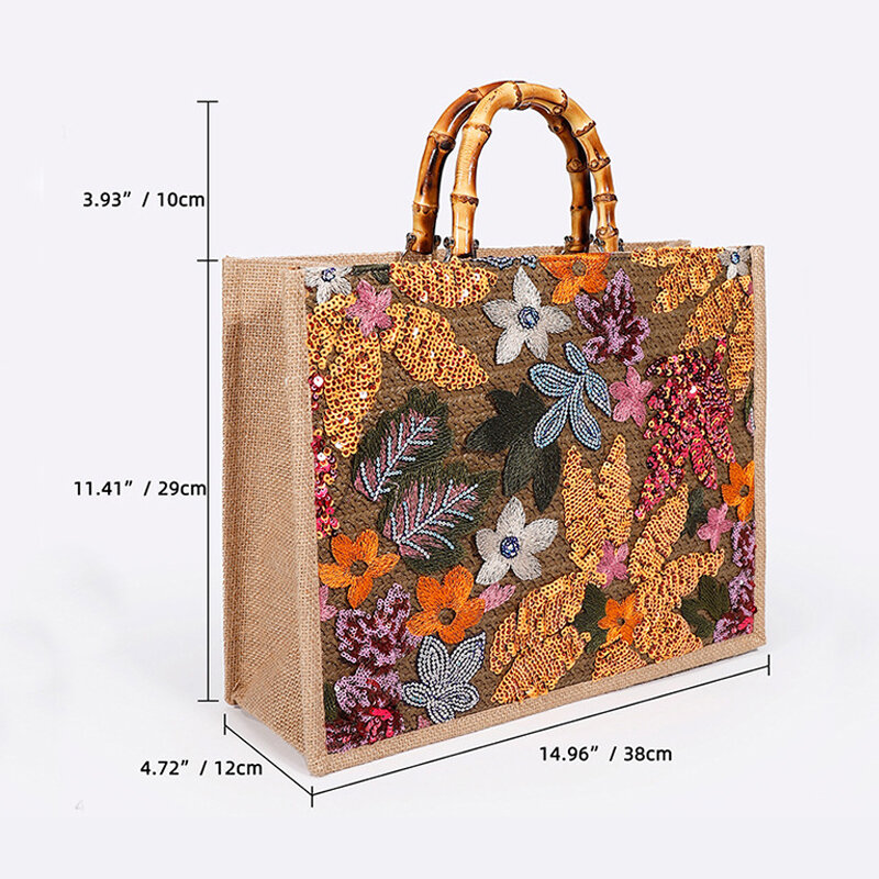 Fashion Sequins Embroidery Large Tote Bags Bamboo Handle Women Handags Flower Straw Summer Beach Bag Big Shopper Purses 2024
