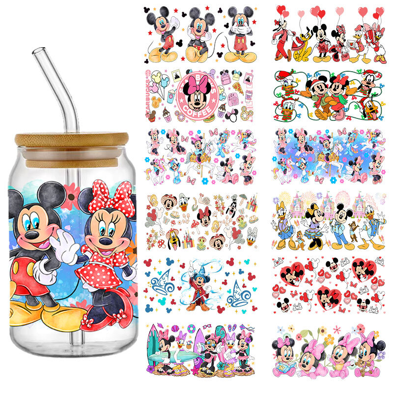 Dibujos animados de Mickey y Minnie, princesa Winnie, pequeño oso, Stitch, envolturas de alta calidad, copa de vidrio de 16oz, UV, DTF, envoltura, calcomanías de transferencia