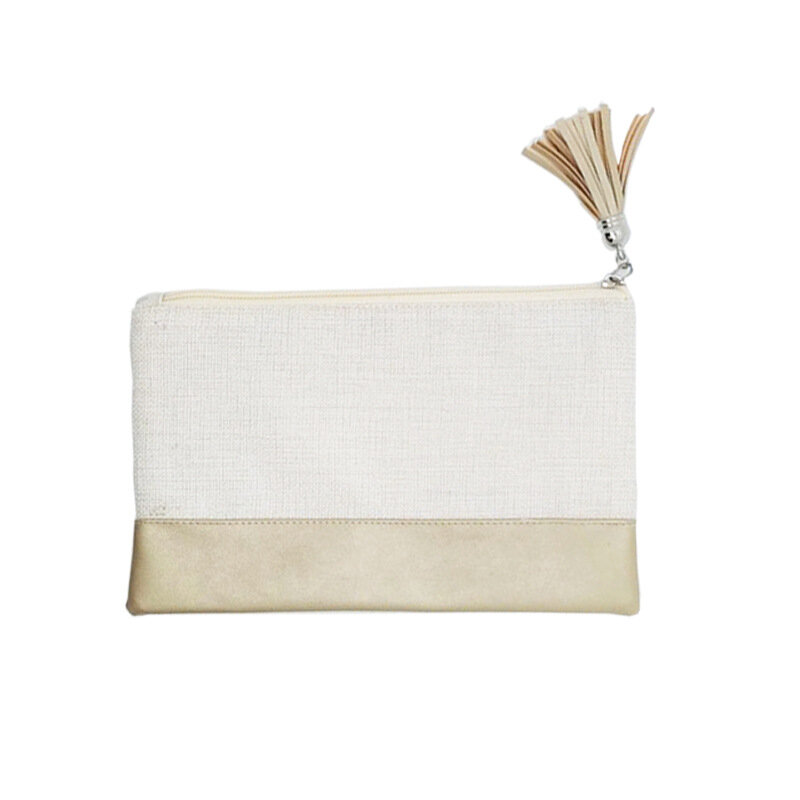 Borsa portaoggetti in lino bianco a sublimazione termica con borsa portamonete a trasferimento termico con cerniera piccola borsa cosmetica con frangia
