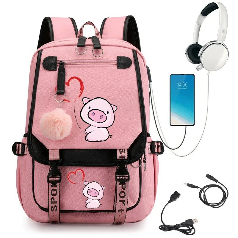 Heart Pig Print School Backpack Cartoon Teenager School Bag Student Teens Bookbag Laptop Mochila Travel Backpack Kawaii Bagpack