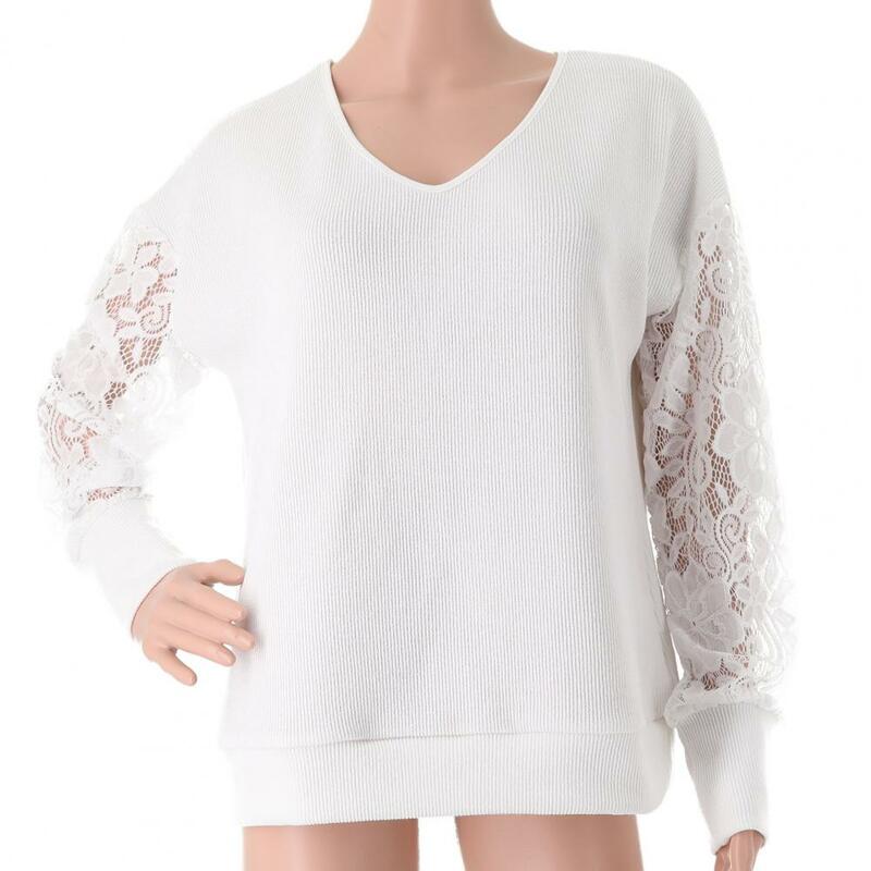 Fashion Women Blouses Tops Elegant V-Neck Lace Patchwork Long Sleeve Solid Color Casual Autumn Bottom Shirt Lady Clothes Office