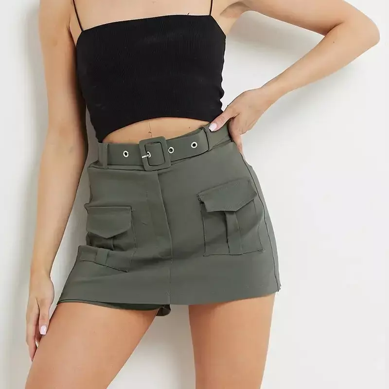 Minifalda de cintura alta con bolsillos para mujer, cinturón decorativo, Color caramelo, para trabajo, fiesta, calle, tendencia, Verano