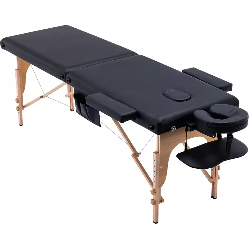 Портативный массажный стол, легкая складная кровать для татуировок, 29 фунтов, 2 секции, с сумкой для переноски аксессуаров, черный цвет