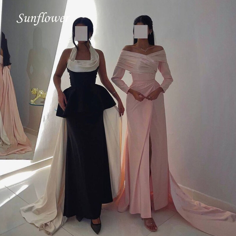 Sunflower Simple Halter Prom Gowns Floor-Length Mermaid Evening Dress Ruched Satin Party Dress 2023 Sweep Train High-end Custom