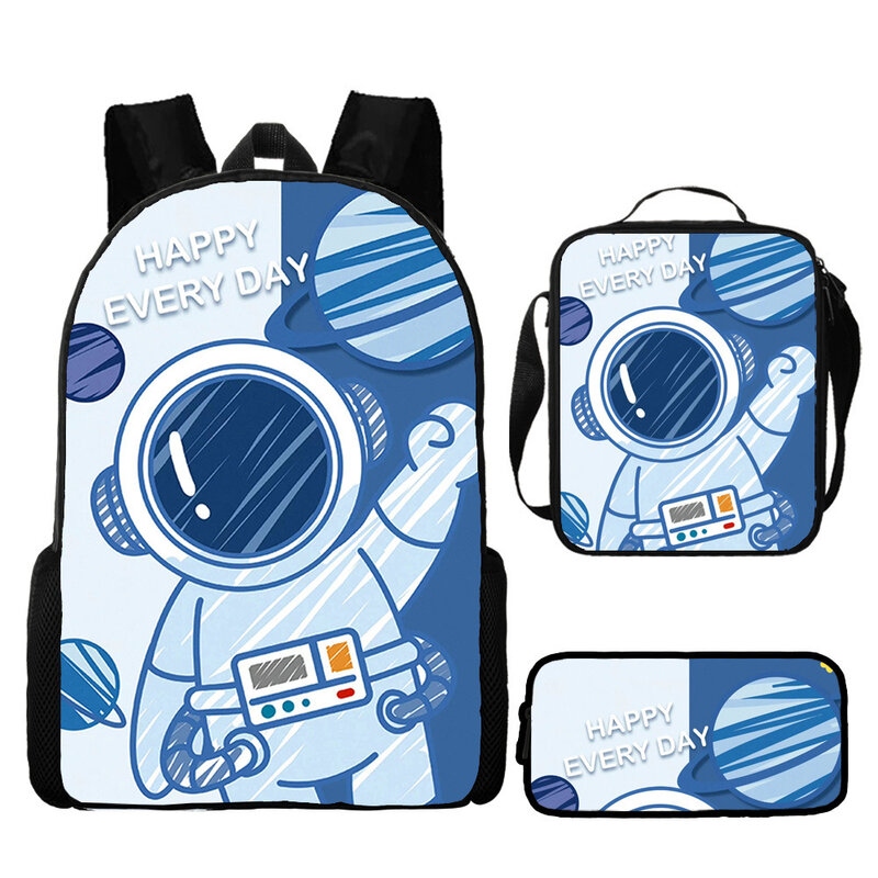 Cartoon Astronaut Spaceman 3Pcs School Bag Set Kids Boys Girls Backpack Student Book Bag Lunch Bag Pencil Bag Teenager Backpack