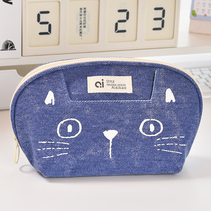 Cute Simplicity Cat Lápis Case para Estudante, Cartoon Cat Papelaria Storage Bag, Canvas Scrapbook Bag, Material Escolar, Moda, 1 Pc