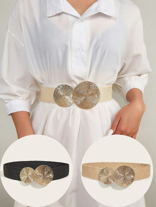 Straw Woven Elastic Belt for Women Vintage Wide Stretch Waistband for Dress Boho Ladies Summer Dress Belt