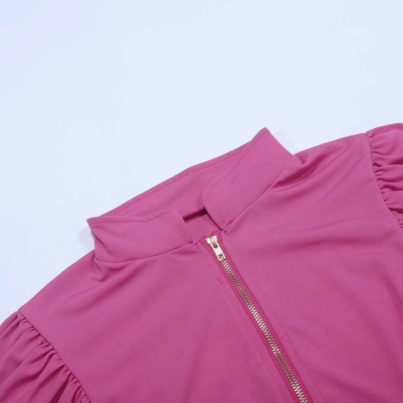 Two Piece Set Personality Design Solid Color Bubble Sleeve Zipper High Waist Pants Coat Women Fashion Long Sleeve Pants Suits