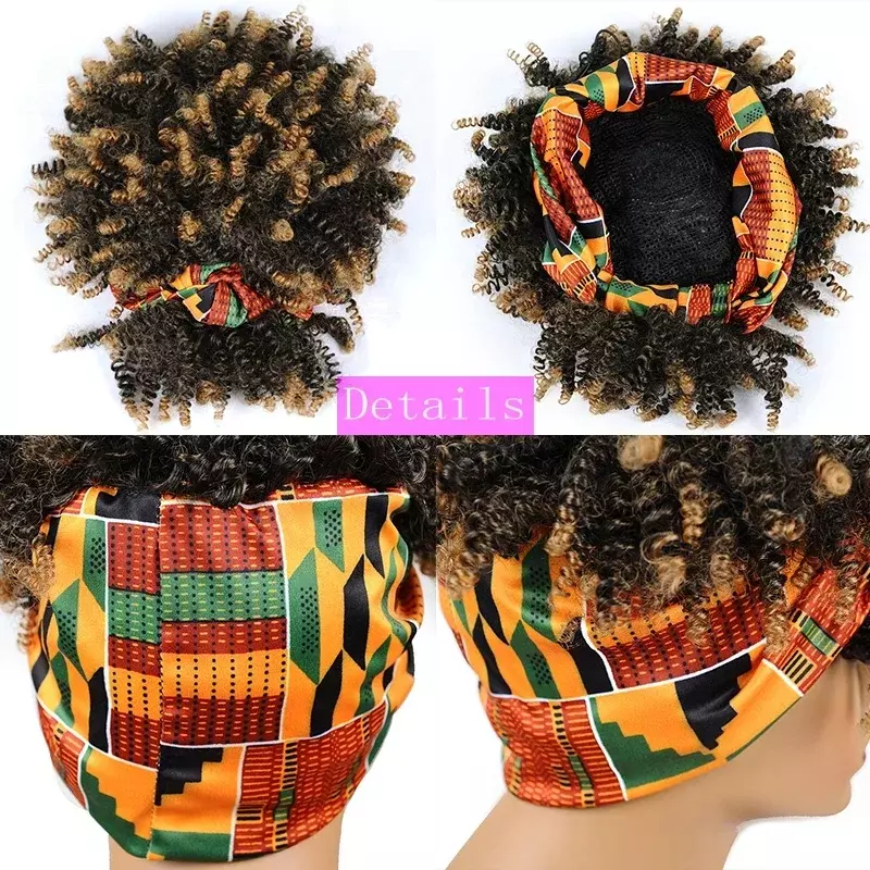 Wig ikat kepala keriting ikal pendek Wig ikat kepala keriting Afro Puff untuk wanita Wig bungkus Turban sintetis alami penggunaan sehari-hari