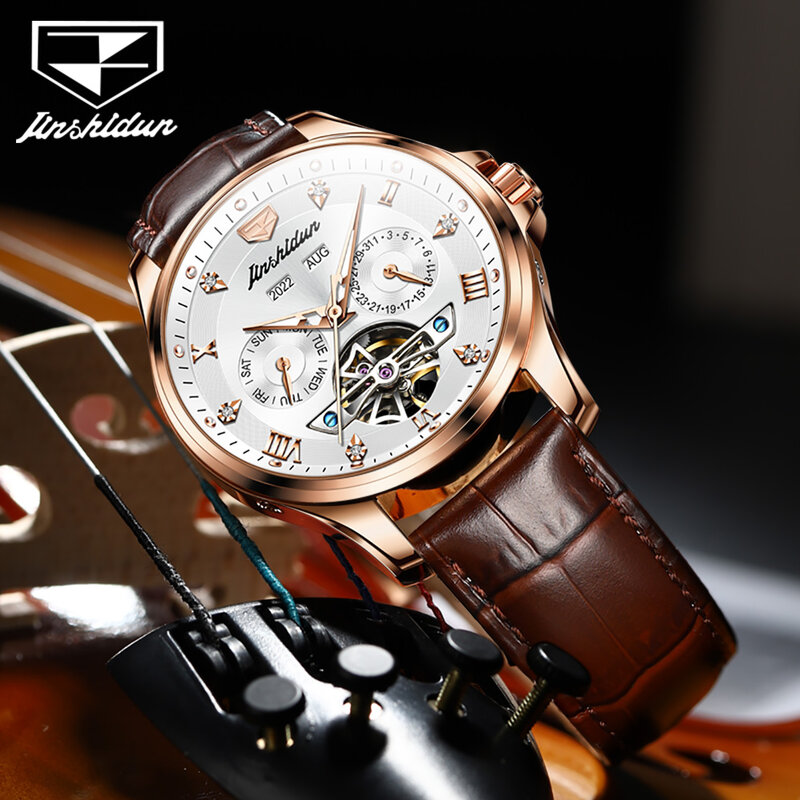 JSDUN Luxo Relógios Mecânicos Automáticos para Homens de Negócios Cronógrafo Auto Date Leather Strap Relógio Luminoso Impermeável 8926
