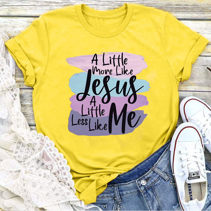 T-shirt manches courtes col rond femme, estival et avec imprimé MORE LIKE JESUS LESS Close
