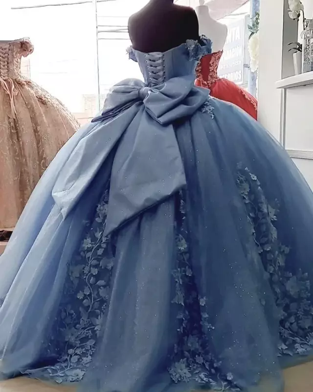 Glittering Sweetheart Princess Quinceanera Dress 3D Floral Applique Off-Shoulder Vestidos De 15 Anos Birthday Party Dress Bow