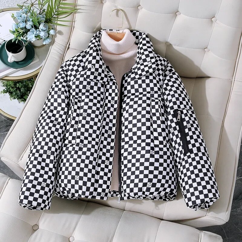 Casaco xadrez de algodão feminino, jaqueta casual solta, parkas feminino com gola curta, moda outono e inverno, 2023