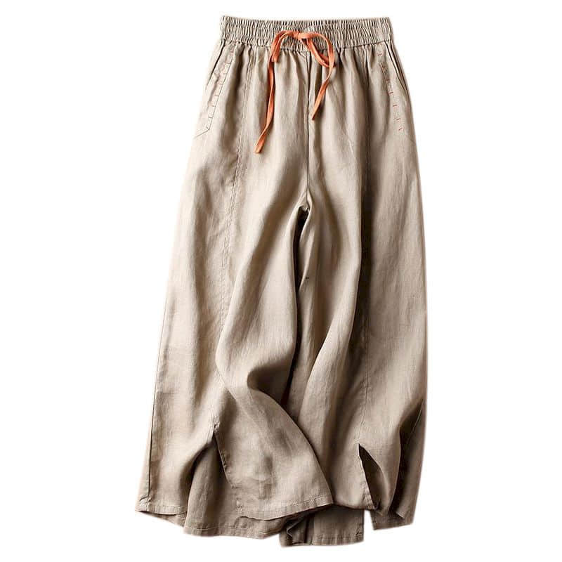 Celana katun Linen untuk wanita padat longgar kasual Vintage musim panas tipis gaya Korea celana panjang mengalir pinggang elastis celana kaki lebar