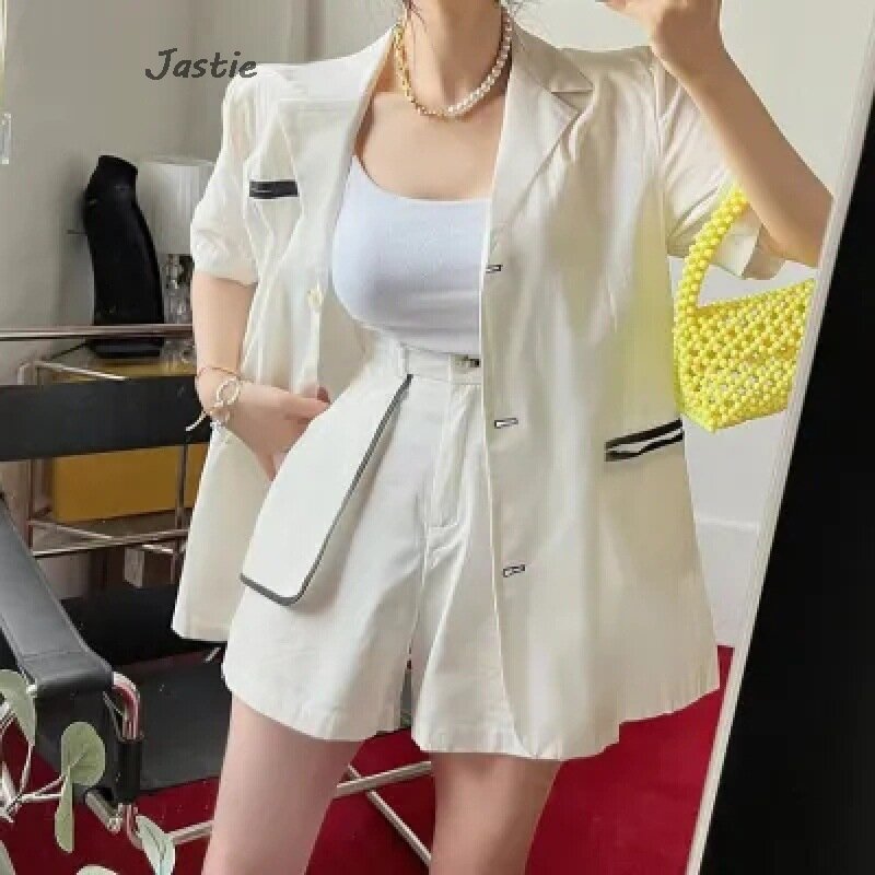 Conjuntos de shorts femininos coreanos de cintura alta, blazer casual de botões finos, manga curta, senhora do escritório, verão