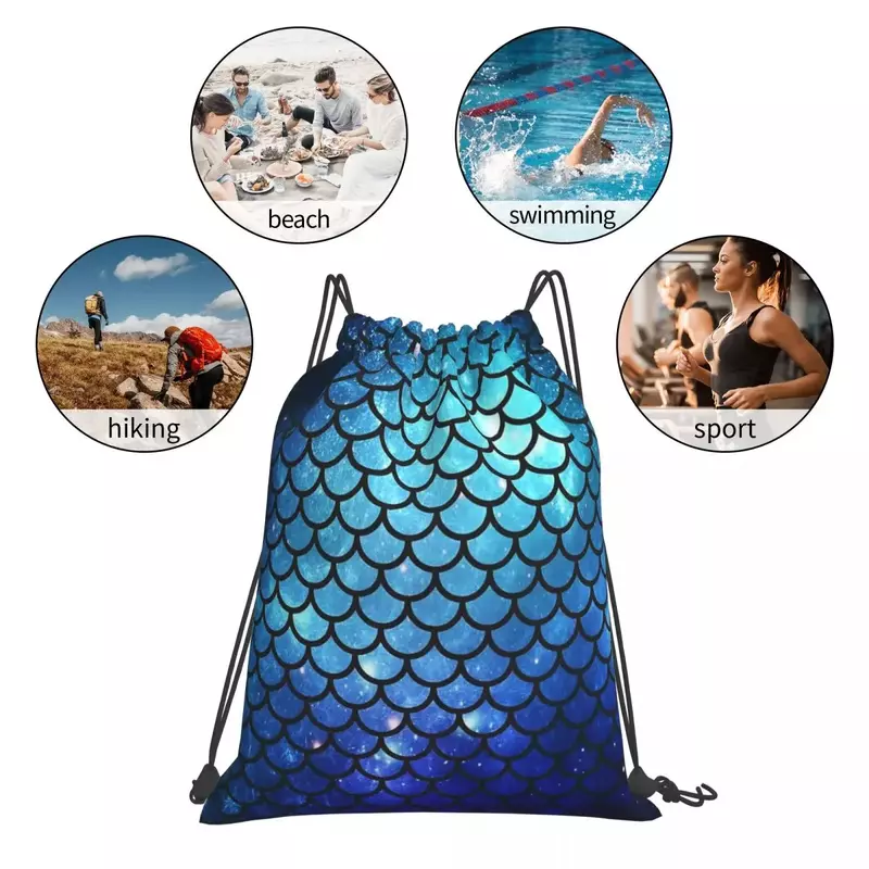 Mermaid Tail Backpacks Casual Portable Drawstring Bags Drawstring Bundle Pocket Sports Bag BookBag For Travel Students