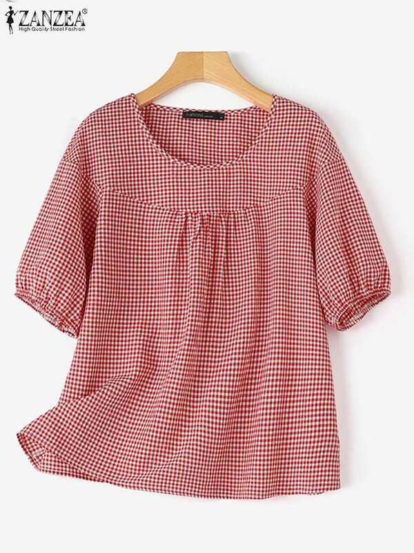 ZANZEA-Blusa holgada a cuadros para mujer, camisa informal de media manga con cuello redondo, talla grande, para vacaciones, Verano