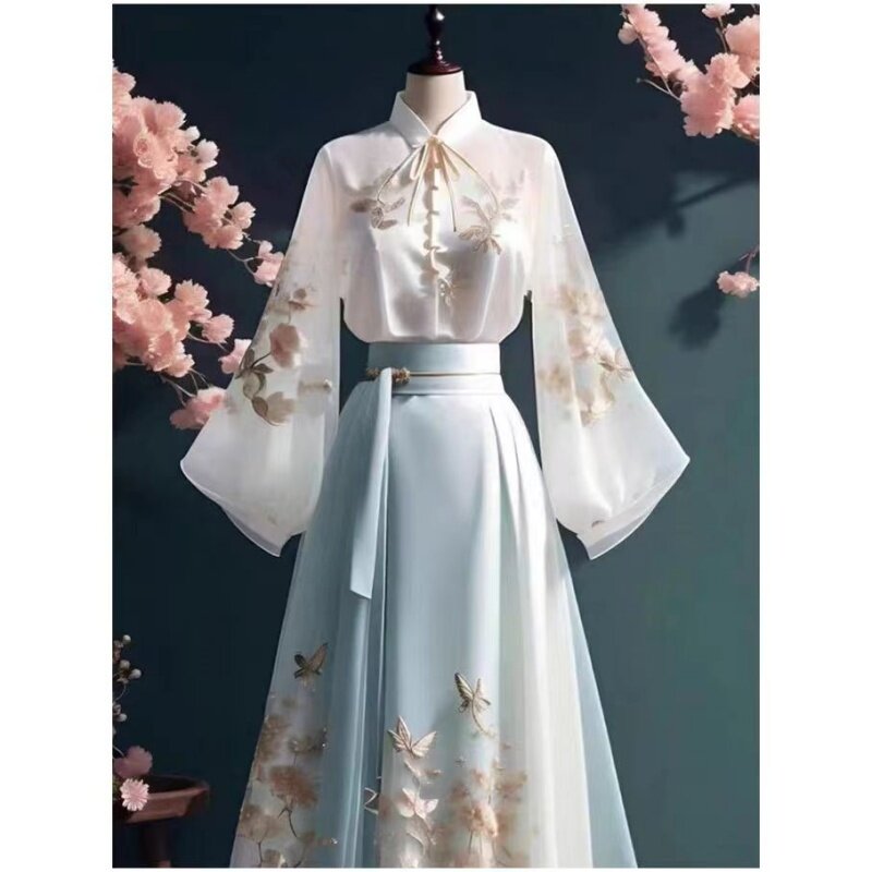 Chinese Style Chinese Style Zen Style Chinese Element Blue Two-Piece Set For Women's Ancient Vintage Spring And Summer Outfits